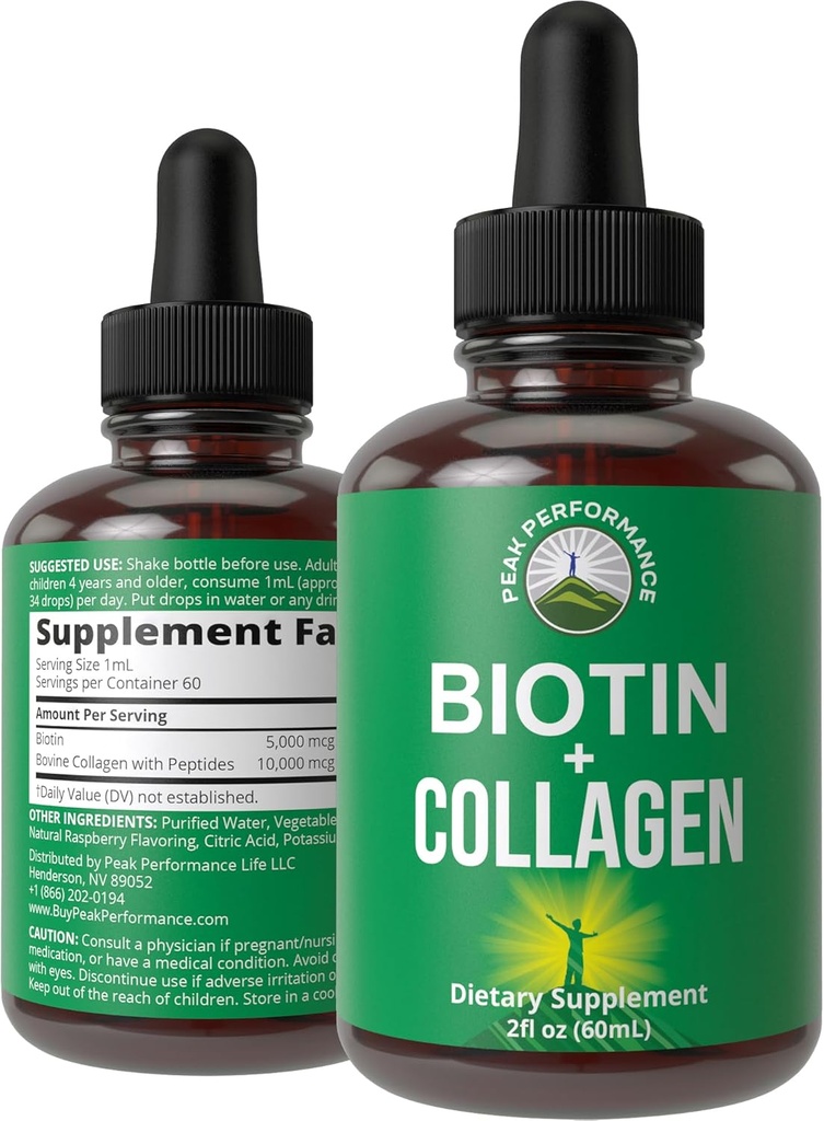 Vedel kollageen naistele ja meestele biotiiniga. Täiustatud 2-in-1 suukaudsed tilgad juuste kasvu, naha ja küünte jaoks. 10 000 mcg Veise kollageenpeptiidid + 5000 mcg Biotiin. Gluteenivaba, nullsuhkrulisandid
