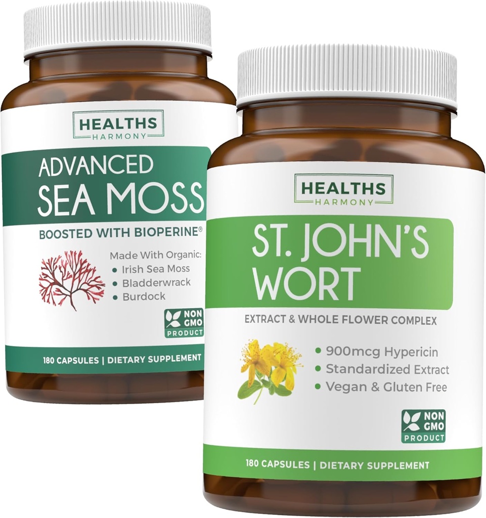 Sea Moss & St. John's Wort (2-kuuline pakkumine) Mood Moss Blend - Orgaaniline Iiri Sea Moss - Toores Vegan Supplement (180 kapslit) & Naistepuna võimas 900mcg Hüperitsiin Vegan Non-GMO (180 kapslit)