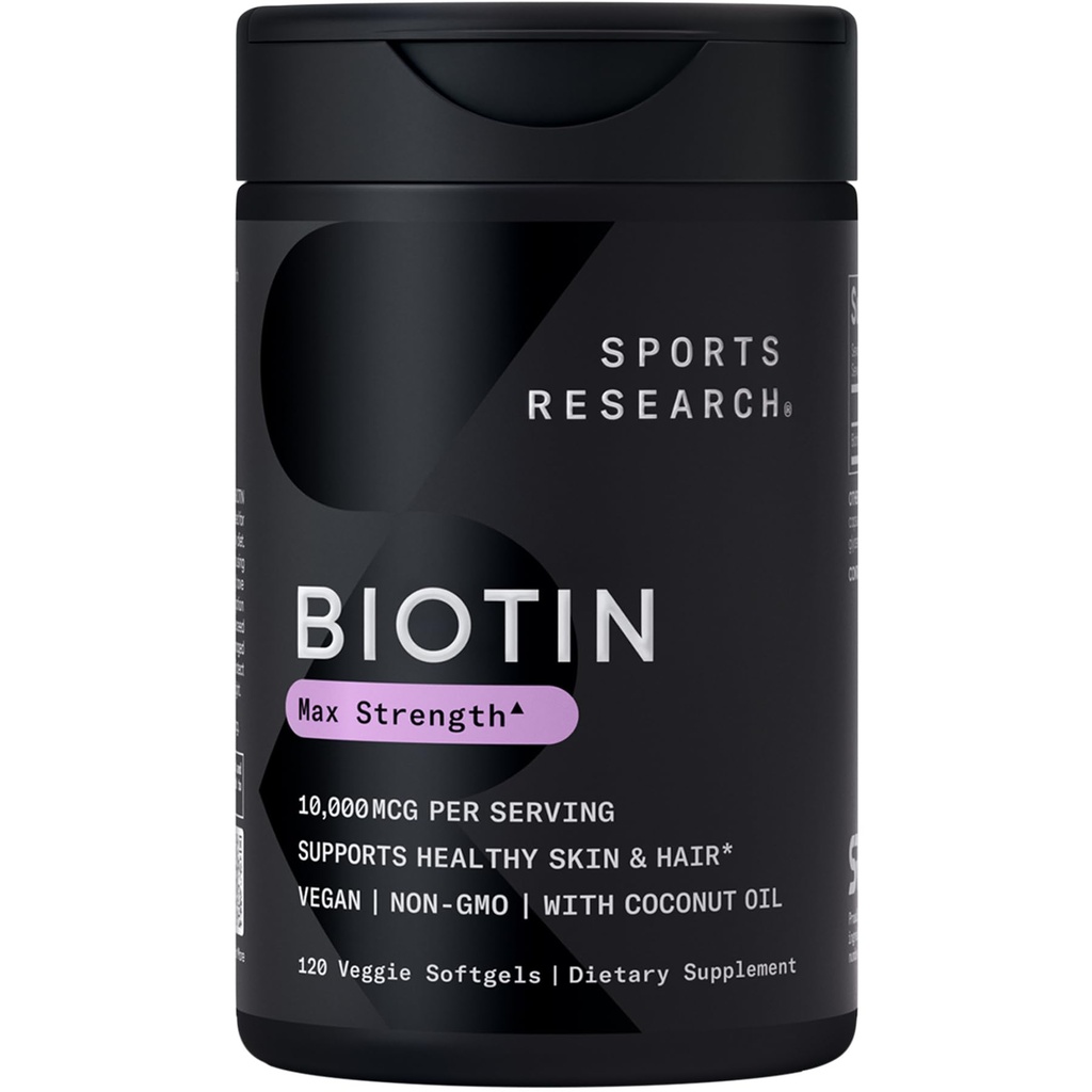 Sport Research® Biotin 10 000 mcg orgaanilise kookosõliga - Biotiin (vitamiin B7) tervisliku naha ja juuste toetamiseks * - naistele ja meestele - Vegan, GMO, Gluteen ja sojavaba - 120 Veggie Softgels