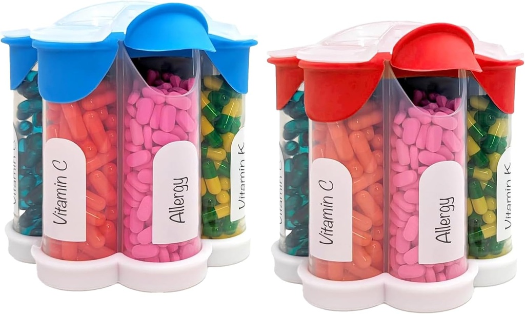 Ekstra suur pillide korraldaja Iga päev, iganädalane, igakuine täiendus pudel, armas õis Pill Dispenser 7 XL komplektiga (2 Pack Combo) (Helesinine ja punane)