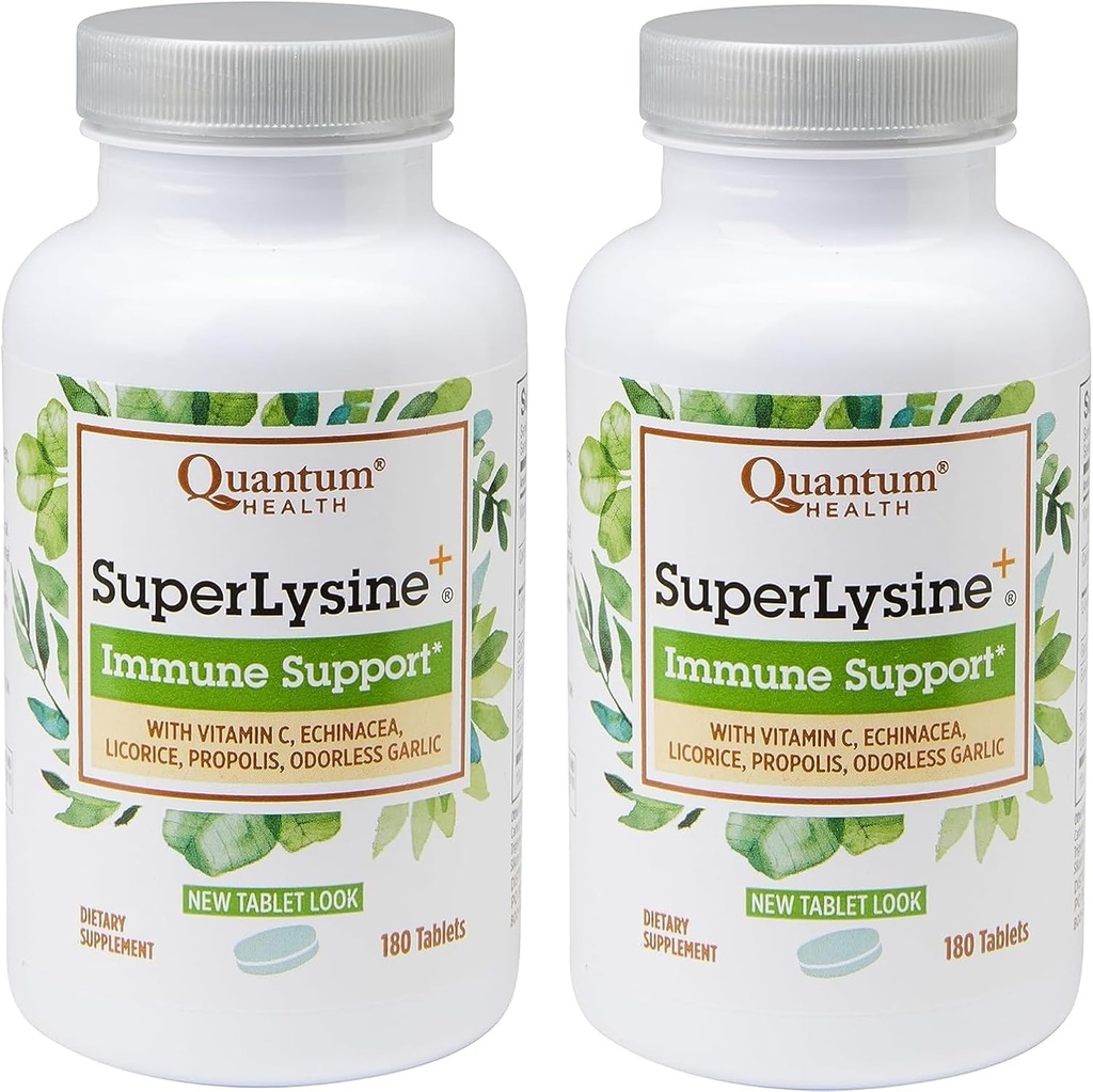 Quantum Health SuperLysine + Advanced Formula Immune Support Supplement Lüsiin 1500 mg, C-vitamiin Echinacea Lagrits Bee Propolis & lõhnatu küüslauk - 180 tabletti (Pakk 2)