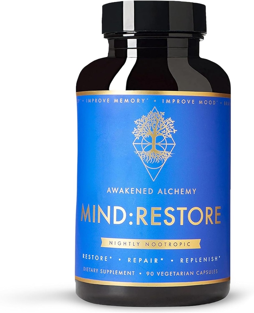 MIND:RESTORE Premium Nighttime Nootropic Supplement | Brain Nutrition for Memory and Sleep | 9 Premium Ingredients | L Theanine Lions Mane Koliin Magneesium L Troonaat Vitamiin B6 Bacopa Monnieri