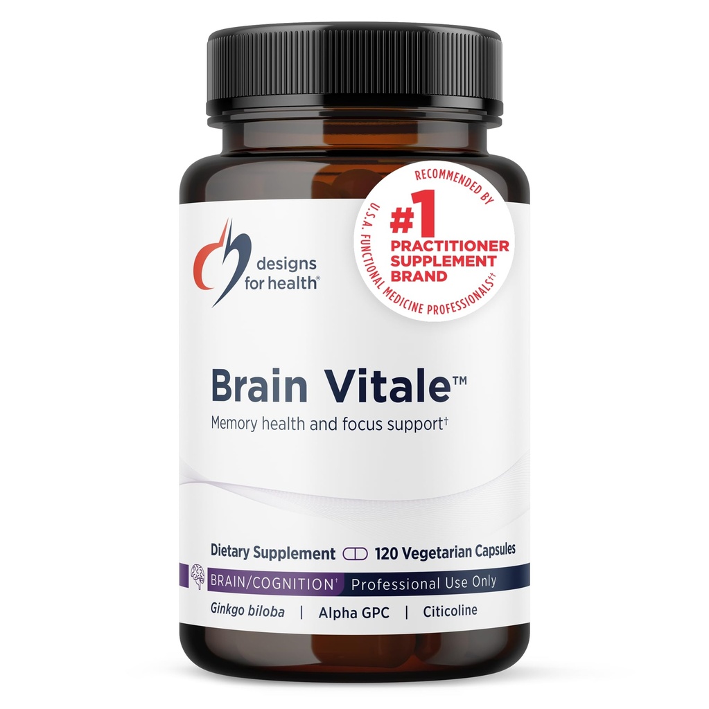Designs for Health Brain Vitale with Cognizin Citicoline - "Nootroopne" täiendus, mis aitab toetada tunnetust, meeleolu + mälu GPC koliin, Ginkgo + Atsetüül L Karnitiin HCL (120 kapslit)