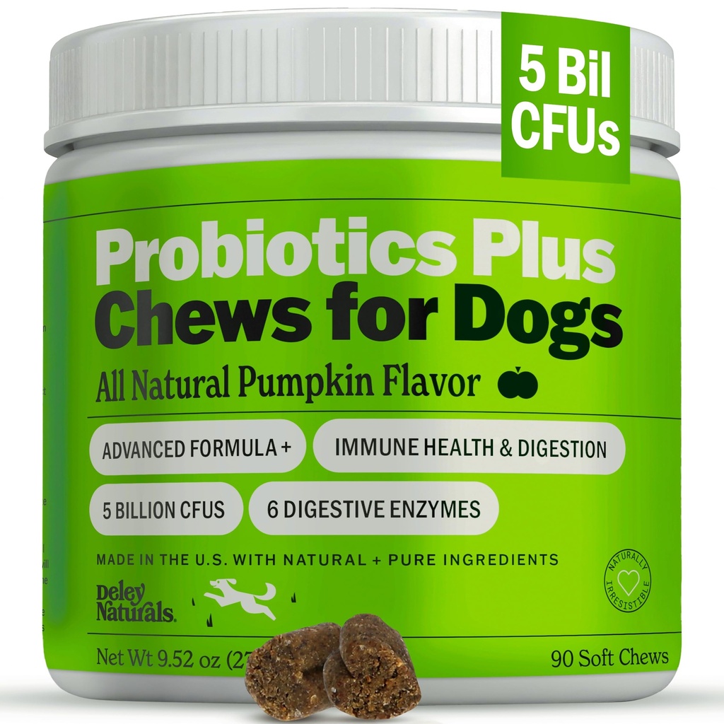 Deley Naturals Probiootikumid Plus närib koertele, soolestiku tervise täiendus, 5 miljardit CFU-d, seedeensüümid, prebiootikumid, koerte allergiad, kõhulahtisus, pärm, kõrvitsa maitse, 90 krahv - valmistatud USA-s