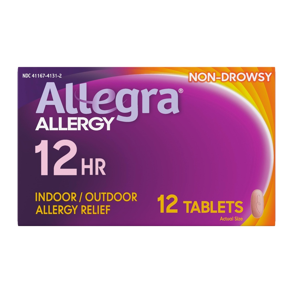 Allegra Täiskasvanud 12-tunnise allergia leevendamise tabletid , mitteuimas sise- ja välisallergiameditsiin , 60 mg Fexofenadiin HCI Antihistamiini pillid , 12- loeng