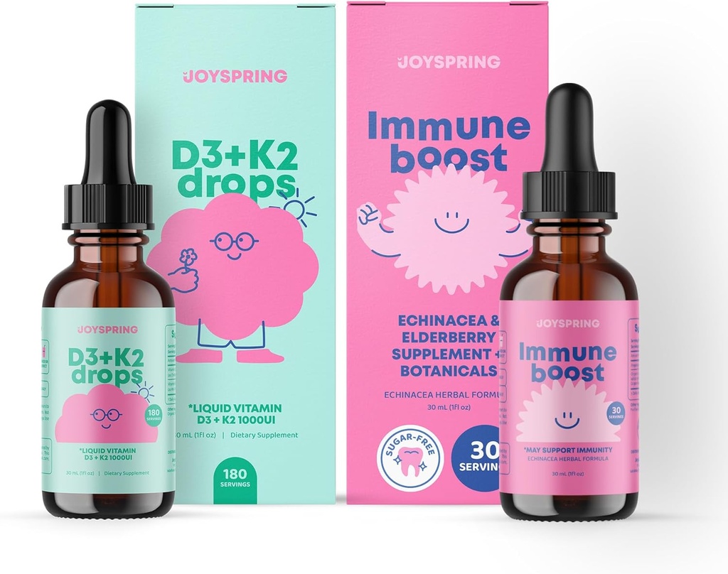 JoySpring Immuuntilgad ja D-vitamiini komplekt | Laste vitamiinid looduslikult, mitte-GMO, mittealkohoolne vedelik valem, immuunsuse tervisetoetus | Vegan & taimetoitlased toidulisandid