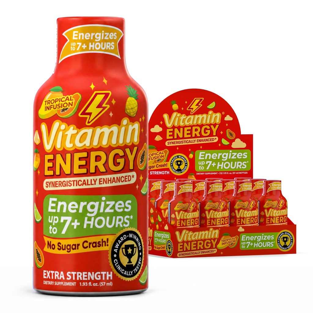 Vitamiinenergia Immuunsus + ekstra tugevus Energia Shot Mango 12 Pack, 260mg looduslik kofeiin, B-vitamiinid, tsitikoliin, roheline tee, immuunsuse ja fookuse toetus, null suhkur, gluteenivaba 1,93 fl oz