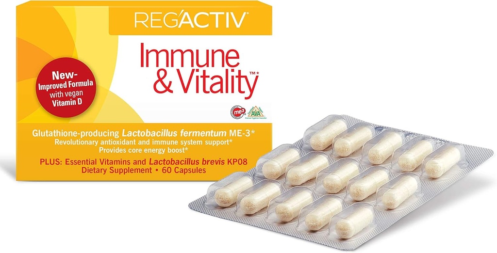 Reg'Activ Immune & Vitality - Metabolism Booster Lactobacillus fermentum ME-3 probiootikumid seedetrakti tervise toidulisandeid, koos Vegan Vitamiinid olulised immuunsüsteemi tervise säilitamiseks