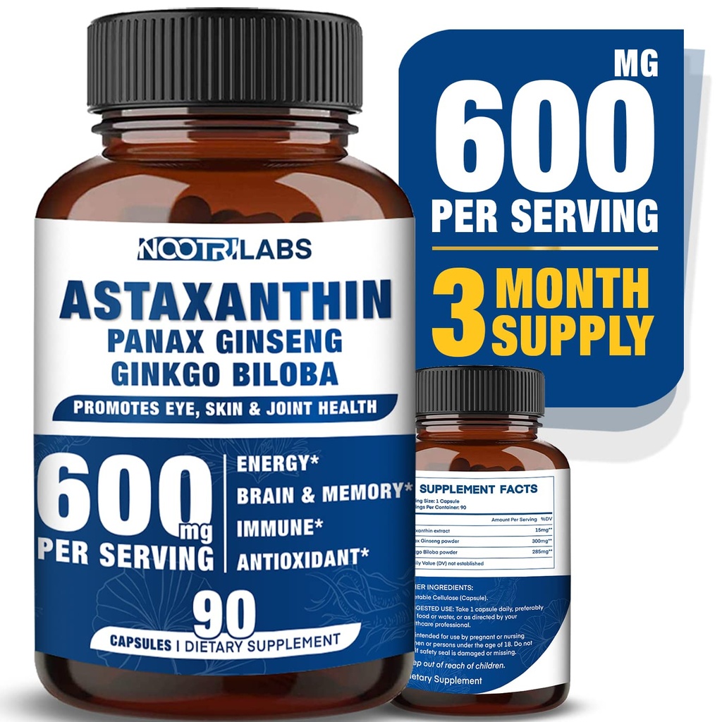 Astaksantiin 15mg + Panax ženšenn, Ginkgo Biloba Toidulisandid, 90 Vegankapslit, Edendab Silmade Tervist Energiat, Südame-veresoonkonna tuge + Immuunkaitse ja fookus