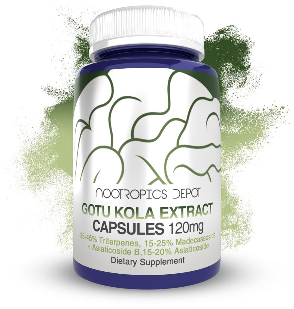 Nootropics Depot Gotu Kola ekstraktkapslid | 120mg | 90 Count | Acid Resistant | Centella asiatica | 35-45% Triterpeenid | Toetab tervisliku stressi taset | Soodustab mälu paranemist