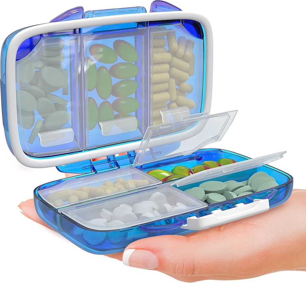 Travel Pill Korraldaja - Niiskus Tõestus Kaasaskantav Vitamiin Hoidja 7 Kompaktne Täiendusjuhtum Purse Essential Medicine Kit fot Reisimine Pocket Apteek Sildid, Sinine
