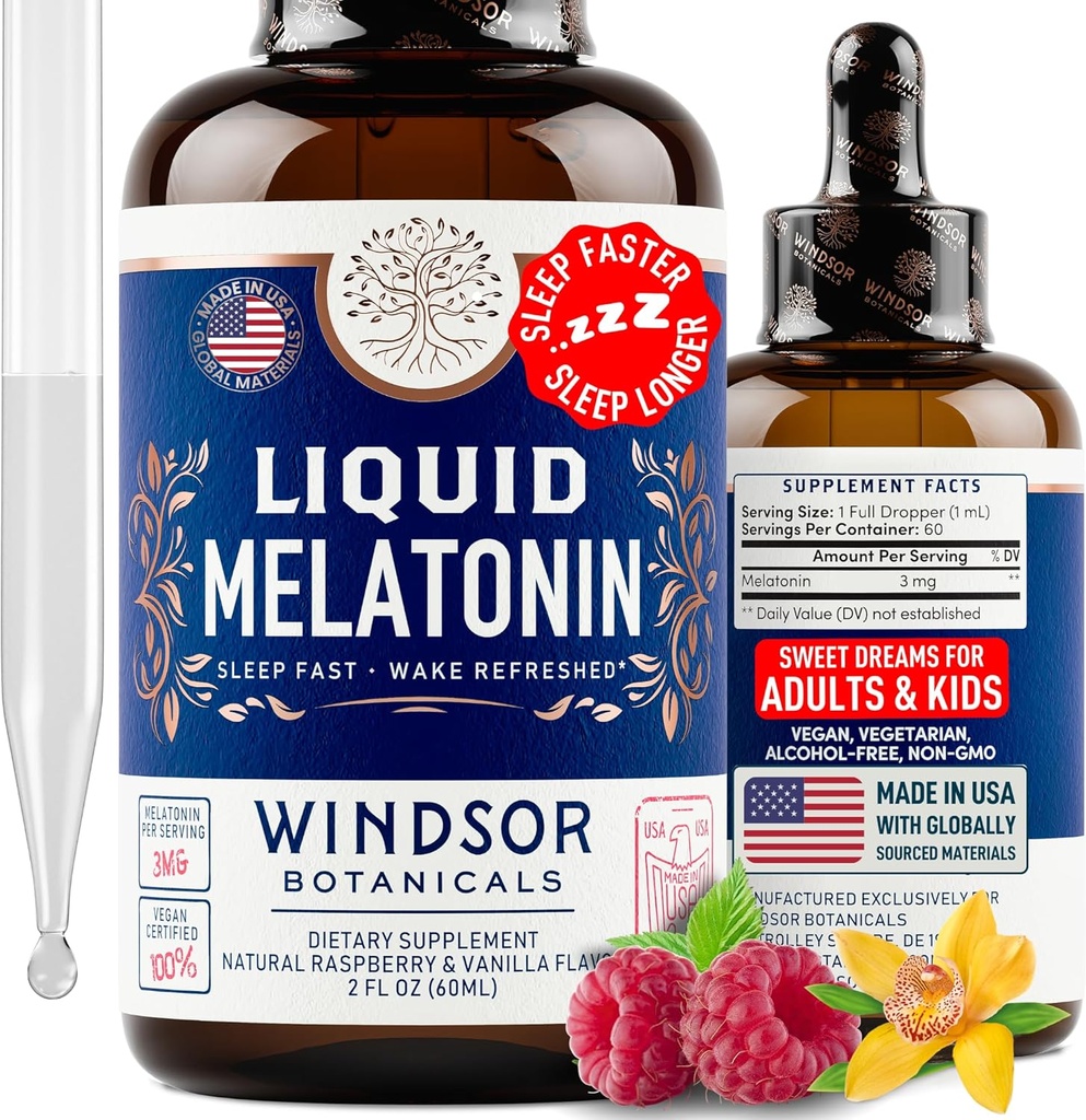 Vedel melatoniin täiskasvanutele ja lastele 6 aastat kuni - 3 mg melatoniin langeb ekstra tugevusega vedel uneabi - kiire imendumine, Vaarika Vanilla Maitse Melatonina - 2oz, 2-kuuline pakkumine, valmistatud USA-s
