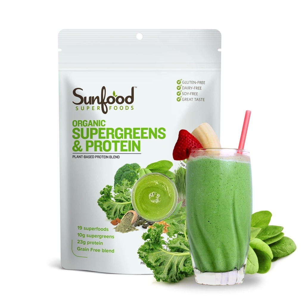 Päikesetoit Orgaaniline Supergreens & Valk - Rohelised Superfood Pulber, Orgaaniline Valk Pulber, Taimne Vegan Valk, Super Rohelised Soolestiku Tervis w / Chlorella & Spirulina, 23 g Protein Per Serving - 8 oz