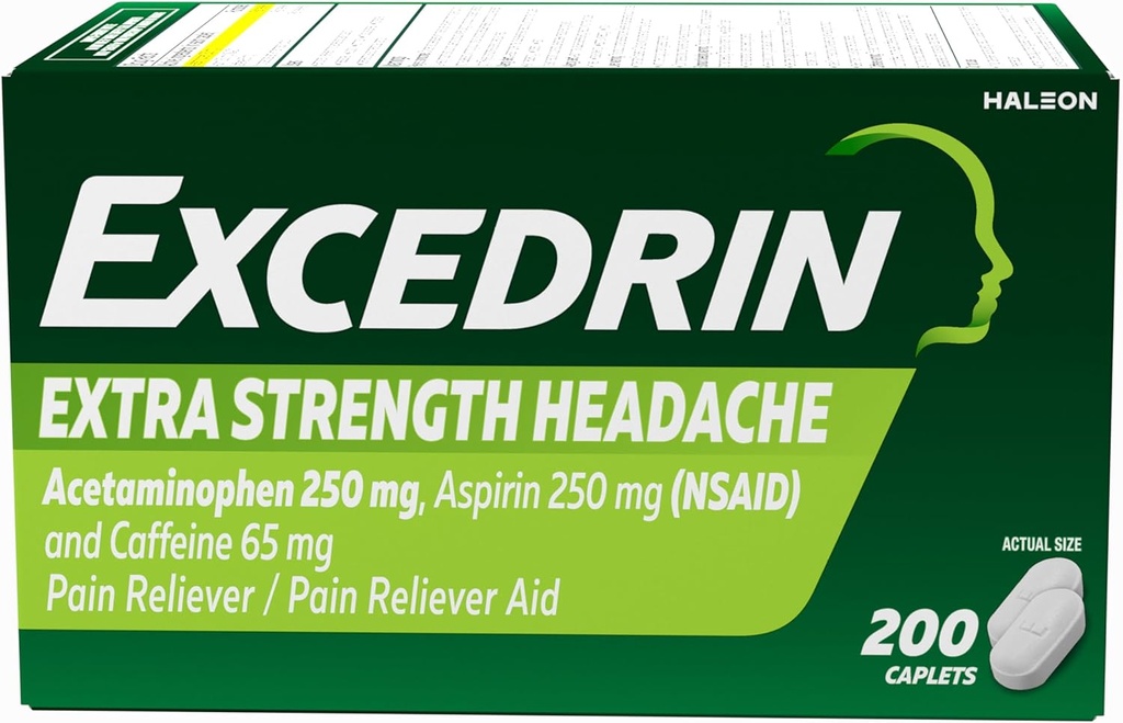 Excedrin Extra Tugevus Valu leevendamise kapslid peavalu leevendamiseks, atsetaminofeen 250mg, aspiriin 250mg, kofeiin 65mg, valu leevendamiseks, 200 Count
