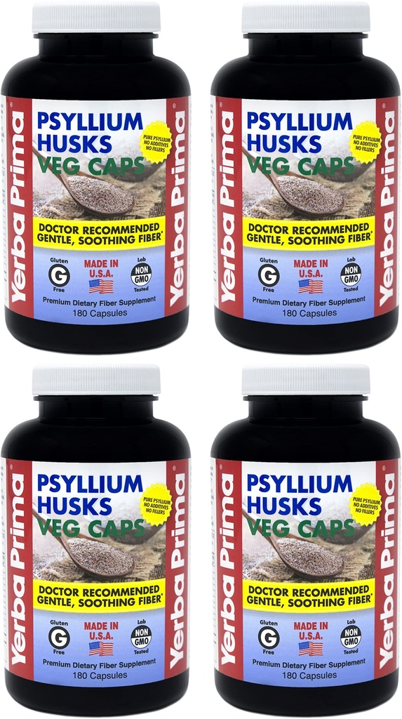 Yerba Prima Psyllium Husks Veg Caps - 180 Count (Pack of 4) - Vegan, Non-GMO, Gluteenivaba, Colon Cleanser, Daily Fiber Supplement Soolestiku Tervise Ja Regulaarsuse