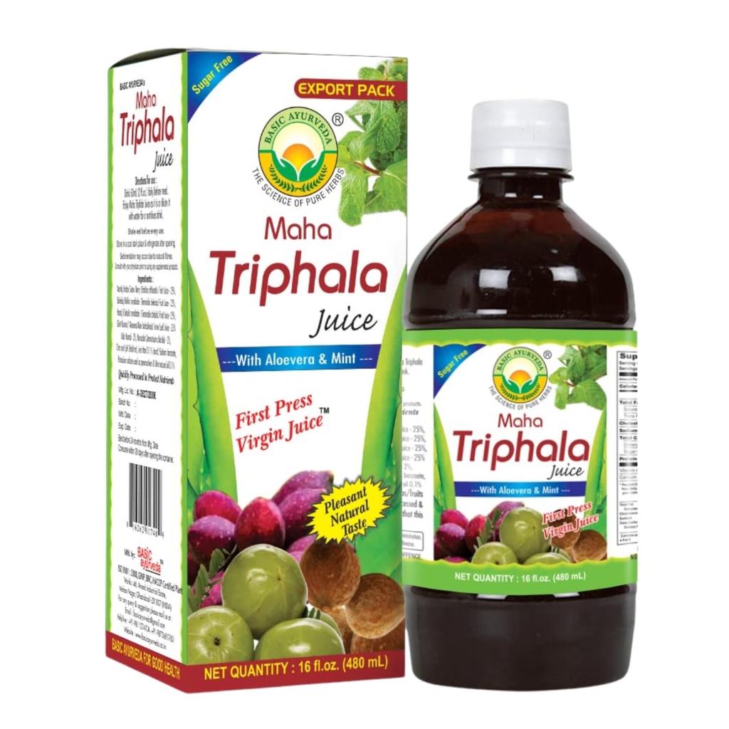 Põhiline Ayurveda Maha Triphala mahl Aloe Vera & Mintiga – 16 Fl Oz (480 ml) | Looduslik taimejook | Esimene pressitud neitsimahl | Lisatud suhkrut pole | Suurepärane igapäevaseks kasutamiseks ja puhastamiseks
