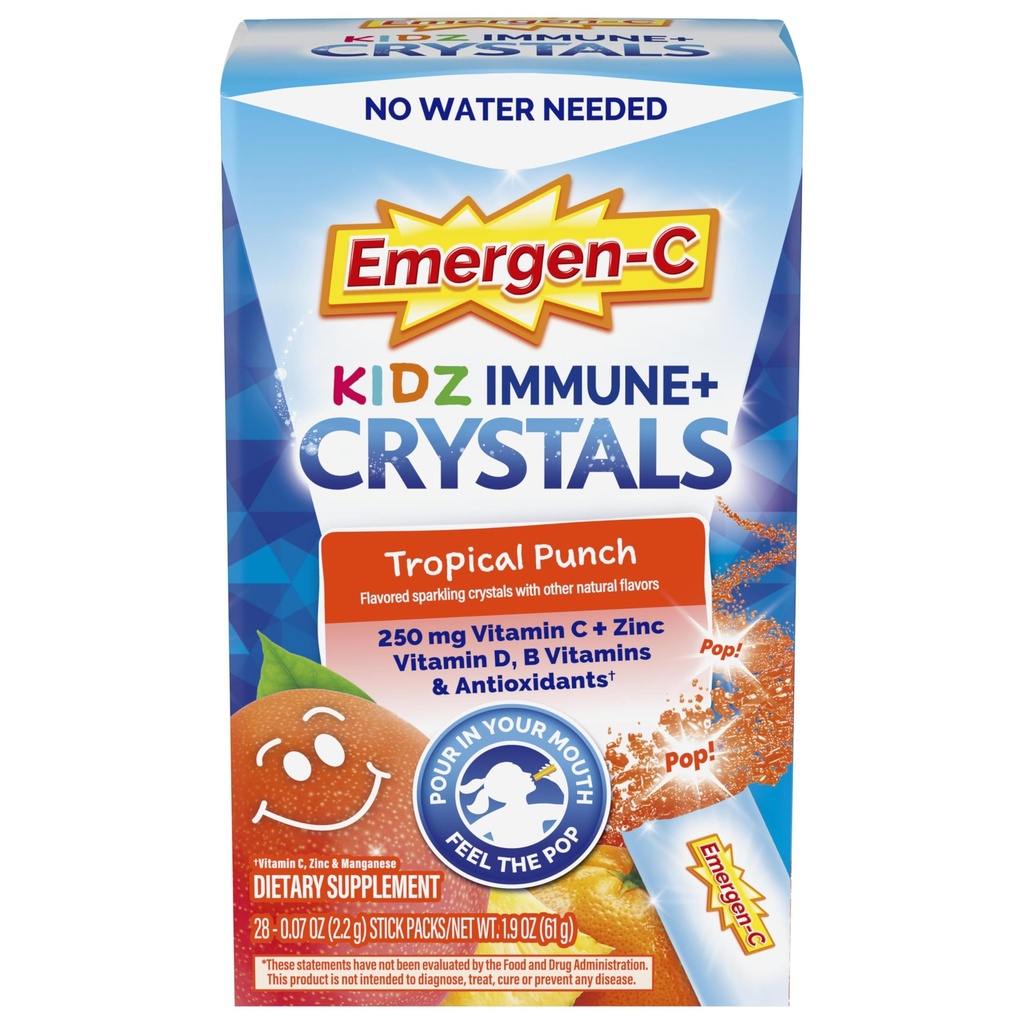 Emergen-C Kidz Immune Plus Crystals, On-the-Go Immune Support Supplement with Vitamin C, Vitamin D, B Vitamins, Zinc and Manganese, Tropical Punch - 28 Stick Packs