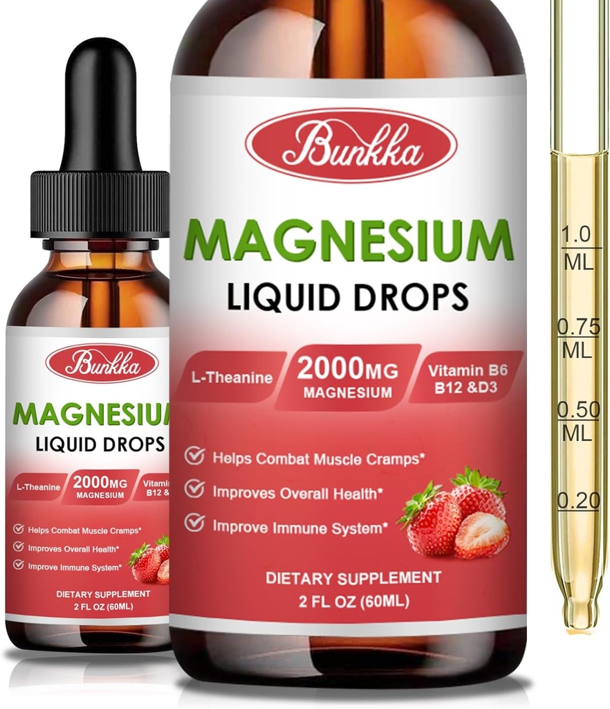 (2 Pack) Magneesiumglütsinaat 500mg lisand, magneesiumglütsinaat Vedelad tilgad magneesiummalaat, tauraat, tsitraat ja kaltsiumtsink, magneesiumi lisand une ja stressi leevendamiseks - maasikas