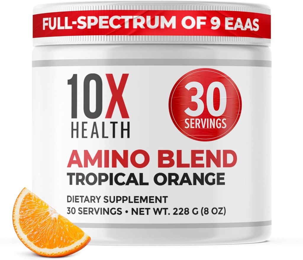 10X Tervis Aminohapped - 30 Servings EAA & BCAA pulber, Pre Workout BCAA koos oluliste Aminohapete täiendus - BCAAs & EAAs pikaealisuse, lihaste tugi, tugevus, energia - troopilised oranžid