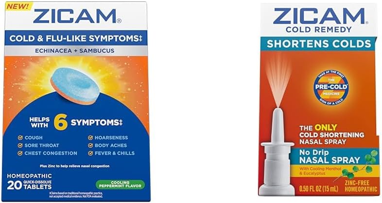 Zicam Külm ja gripp Sümptomid 20 tabletti ja No-Drip ninasprei Külm heastamine 0,5 Ounce