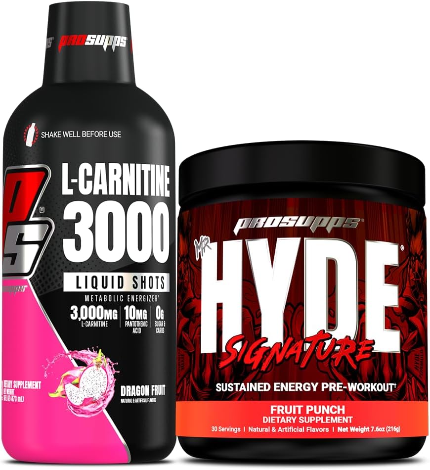 PROSUPPS L-karnitiin 3000 Stimulant Free Vedel Shots (Dragon Fruit) ja Mr. Hyde Signature Series Pre-Workout Energy Powdered Drink (Fruit Punch)