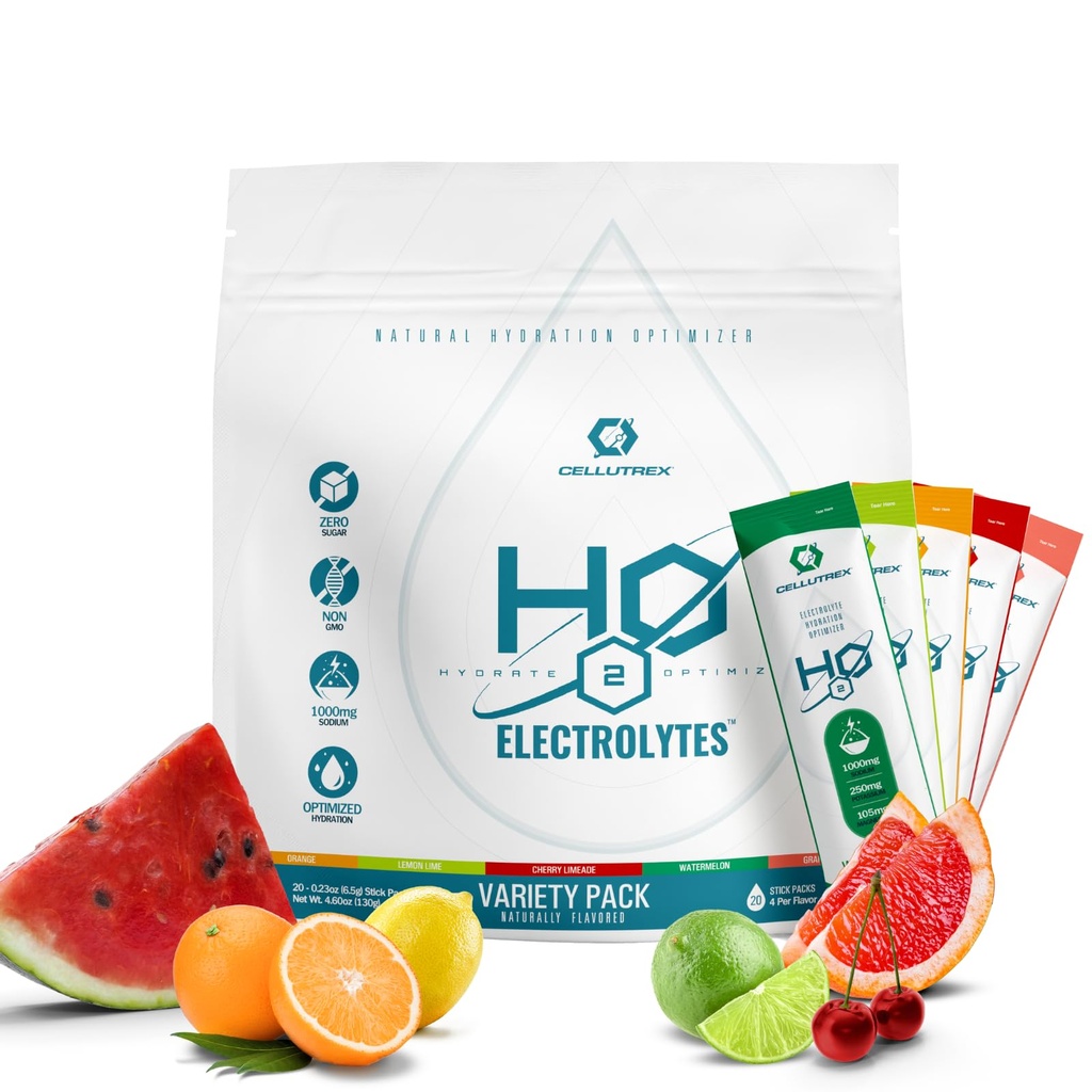 Cellutrex® H2O elektrolüüdid – elektrolüütide pulbri joogisegu, nullsuhkur, loodusliku soola hüdraadi pakendid taastumiseks ja heaoluks, sordipakett, 20 pulka