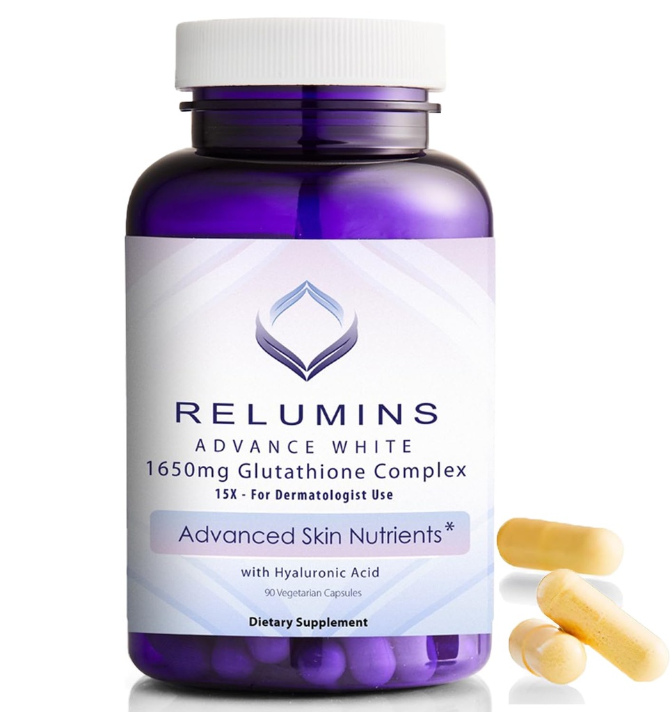 Relumins 1650mg L-Glutatiooni kompleks hüaluroonhappega, alfa-lipohappega, Rose HIPS-iga, E-vitamiin ja riboflaviin - Antioksüdandid, mis sobivad ideaalselt puhkuse sära saavutamiseks, valmistatud USA-s - 90 kapslit