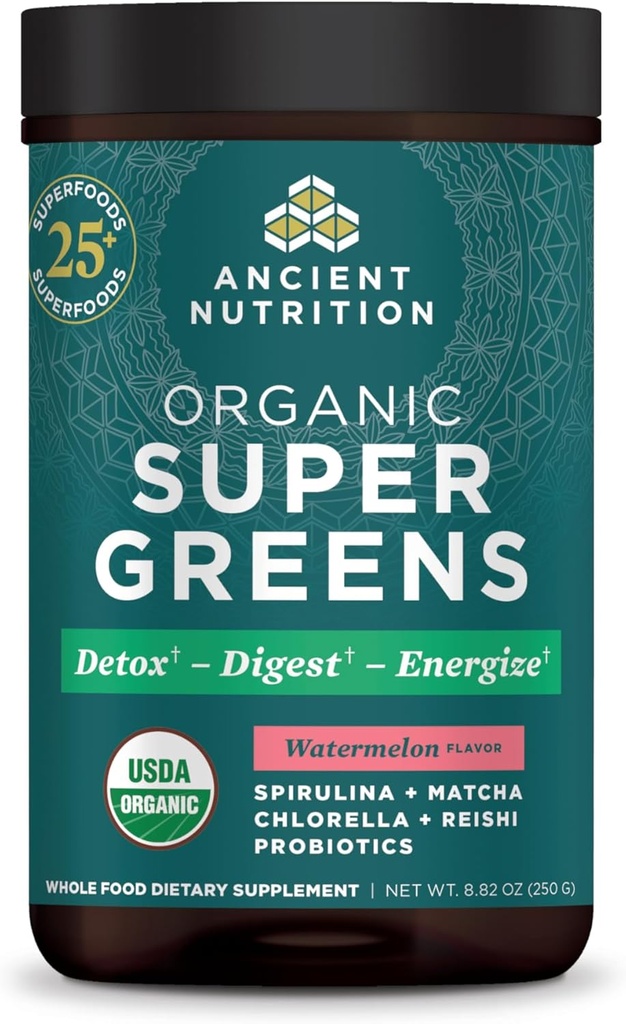 Ancient Nutrition SuperGreens pulber probiootikumidega, orgaaniline arbuusi maitse rohelised, valmistatud tõelistest puuviljadest, köögiviljadest ja maitsetaimedest, seedetrakti ja energia toetamiseks, 25 serveerimist, 8,82oz