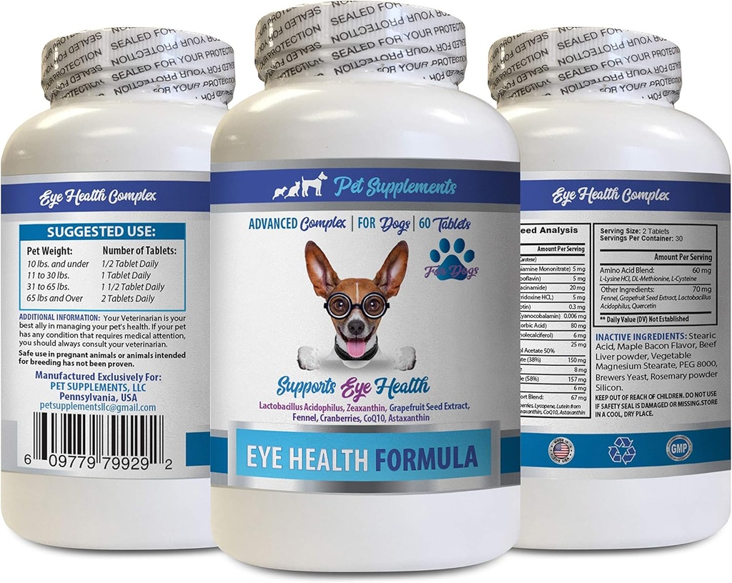 Koerad Silma vitamiinid - Koerad Silma tervise valem - Advanced Eye Support Complex - VETS Soovitatav - Koer Luteiin - 1 pudel (60 tabletti)