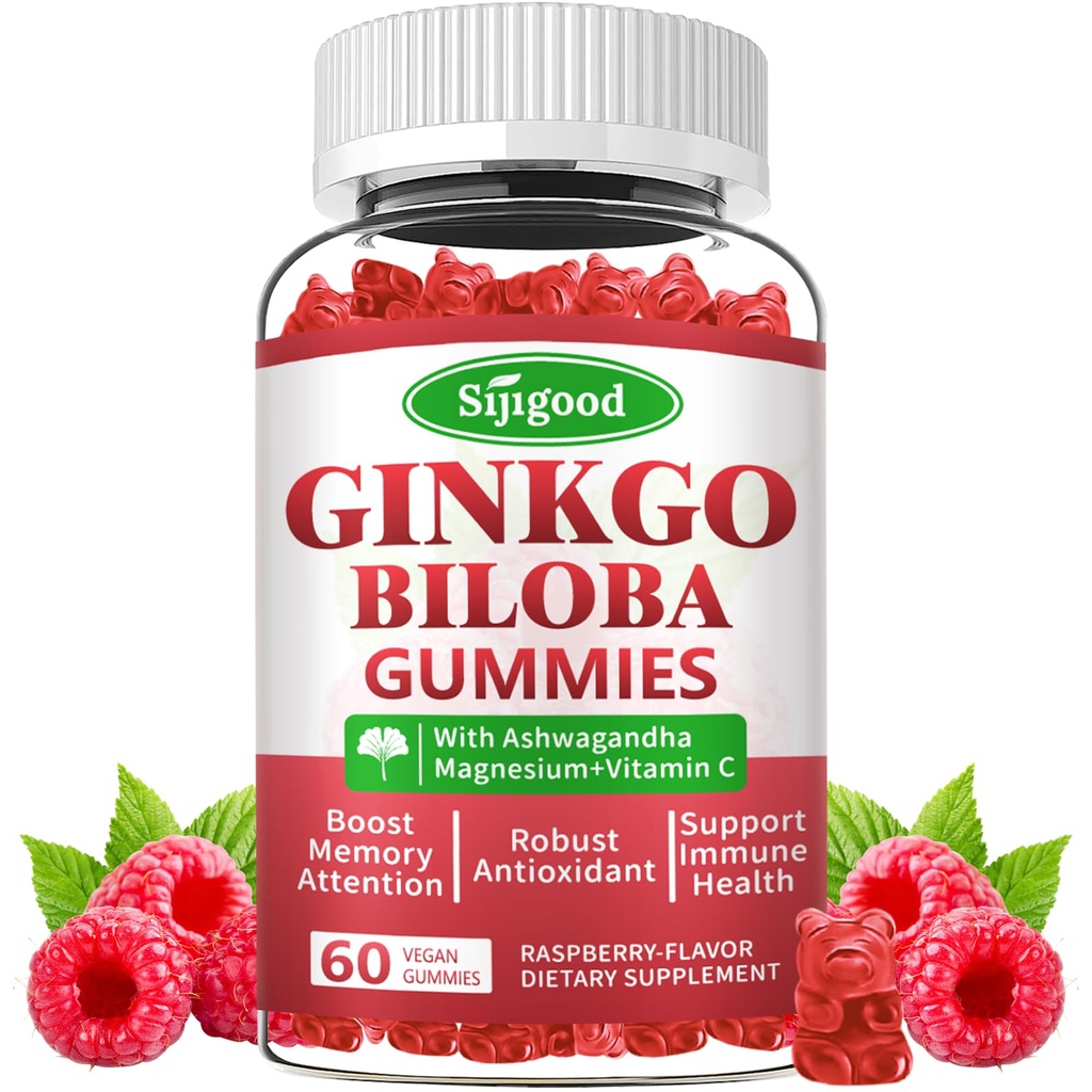 Ginkgo Biloba Gummies koos Panax ženšenni ja magneesiumiga, Ginkgo Biloba toidulisandid fookuse, mälu ja aju tervisele täiskasvanutele ja lastele, Vegan Vaarika Maitse Gummies, 60 krahv