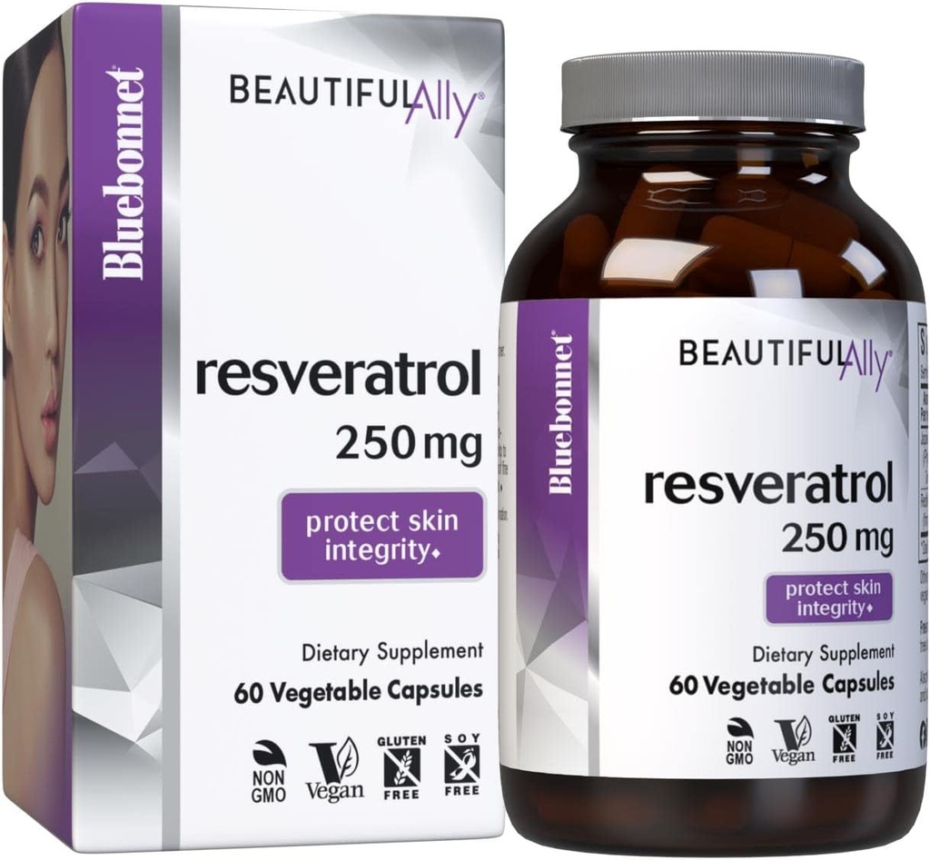 Bluebonnet Nutrition Beautiful Ally Resveratrol 250mg, parim nahale, antioksüdant, ilu toitaine, vegan, taimetoitlane, mitte GMO, gluteenivaba, sojavaba, 60 köögiviljakapslit, 60 serveerimist