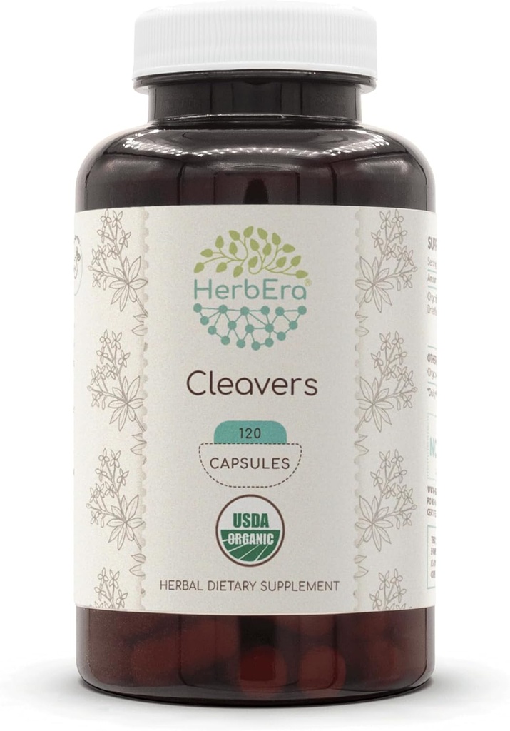 HerbEra Cleavers USDA Orgaaniline 120 kapslid | Looduslik taimsete toidulisand | Sertifitseeritud orgaanilised taimetoitlased kapslid ja orgaanilised lõhestajad (Galium aparine) Kuivatatud ürdi (120 kapslit)