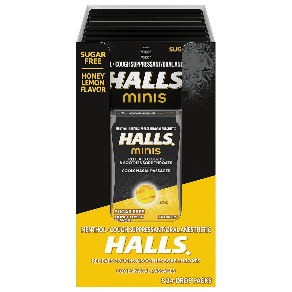 HALLS Minis Honey Sidrun Maitsestatud Suhkru Vaba Köha tilgad, 8 pakendit 24 tilka (192 tilka kokku)