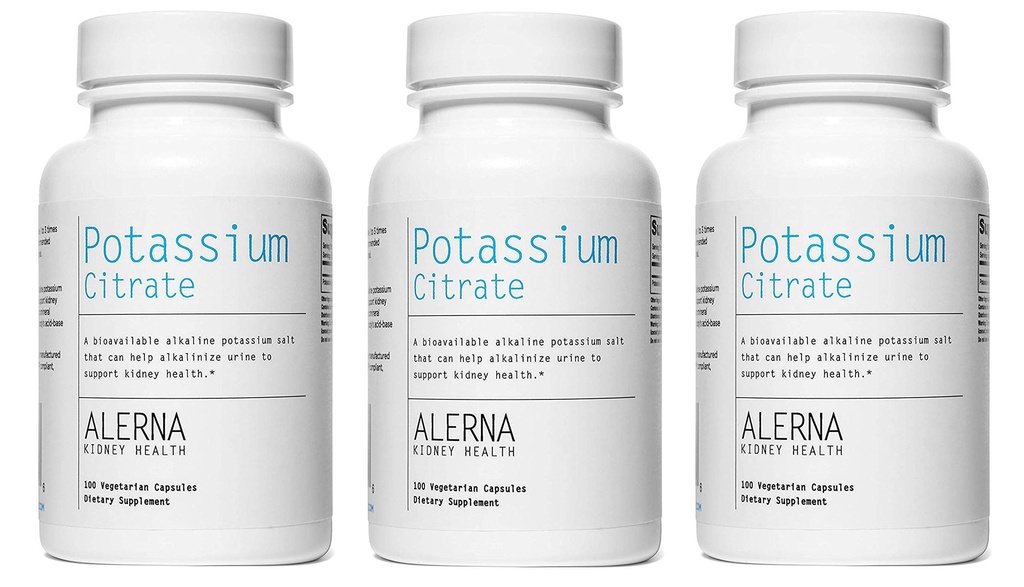 Kaaliumtsitraat 99 mg - toetab elektrolüütide tasakaalu ja normaalset pH-d - oluline mineraalne neerukivi tugilisa - 100 taimekapslit (3. pakk)
