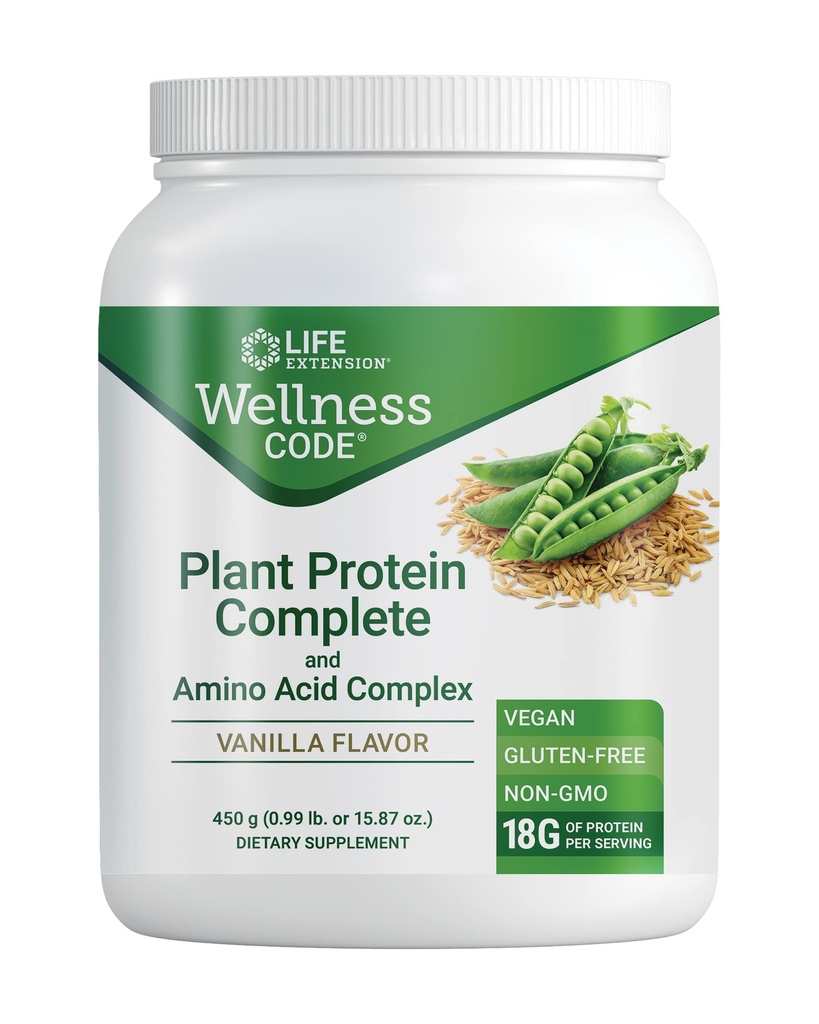 Life Extension Wellness Code® Taimeproteiin Complete & Amino Acid Complex (Vanilla), Taimepõhine Valgupulber Plus hargnenud ahelaga aminohapped, Gluteenivaba, mitte-GMO, taimetoitlane, 450 Grams