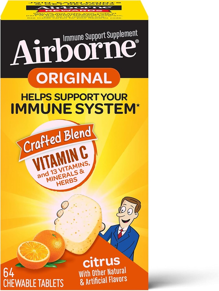 Airborne 1000mg C-vitamiini närimistabletid koos tsingiga, immuunsüsteemi tugilisa võimsate antioksüdantidega vitamiinid A & E - 64 närimistabletid, tsitrusemaitse