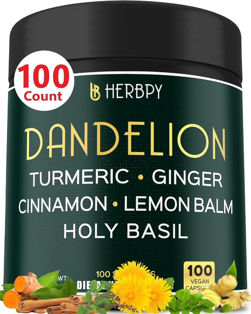 Dandelion Root Supplement 7500mg 6in1 Seedetrakti, südame tervise ja immuunsüsteemi - segatud ingveri, kurkumiini, Ceylon Cinnamon, Lemon Balm & Holy Basil - 100 Dandelion Kapslid