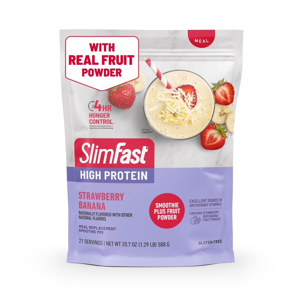 SlimFast kõrge valgusisaldusega smuutisegu Plus puuviljapulber, kõrge valgusisaldusega toidu asendaja pulber, kiudaine, C-vitamiin, 21 serveerimist, 1,29 naela, maasika banaan (pakendamine võib varieeruda)