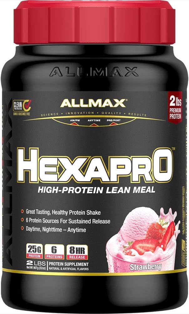 ALLMAX HEXAPRO, Maasikas - 2 naela - 25 grammi valku ühe serveerimise kohta - 8-tunnine püsiv vabanemine - nullsuhkrut - 21 serveerimist