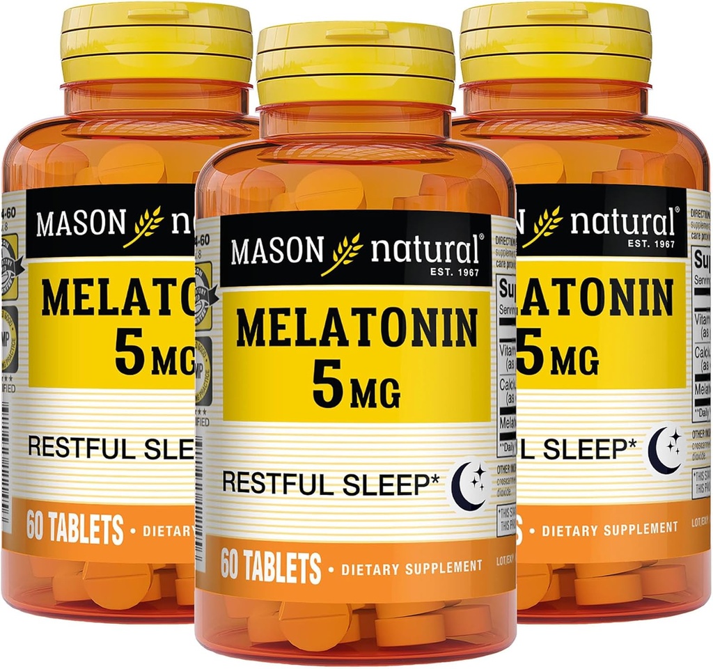 MASON LOODUSLIK Melatoniin 5 mg B6 ja kaltsium - looduslik uneabi, toetab tervislikku und ja puhkust, 60 tabletti (3. pakk)