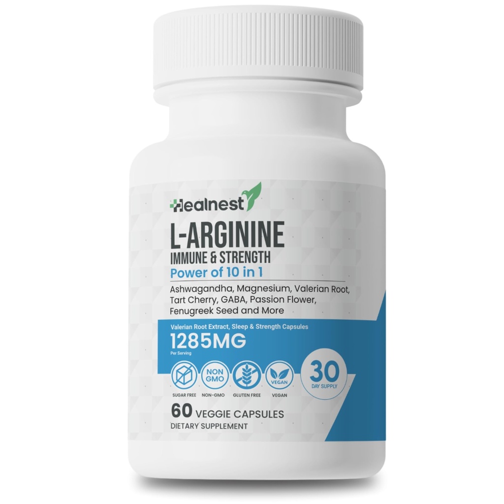 L-arginiinkapslid - 1285MG Ashwagandha, L-Theanine, Magneesium, GABA, Tsink & Tart Cherry segu - lihaste taastumine, stressi leevendamine, meeleolutoetus - mitte-GMO, 60 Veggie kapslit meestele ja naistele