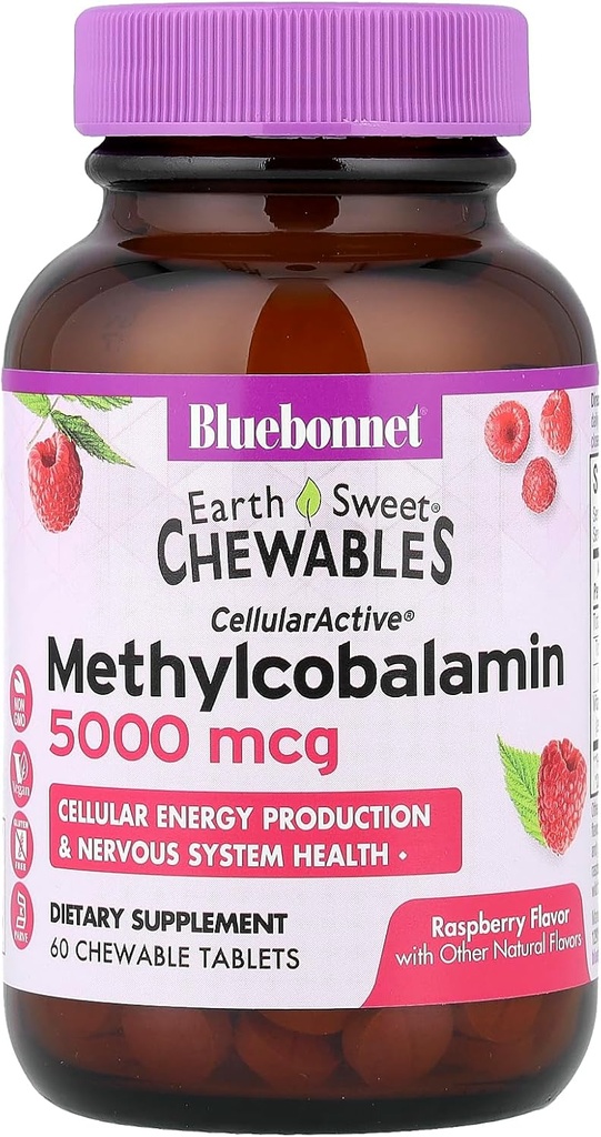 BlueBonnet Nutrition Earth Sweet® närimistables, CellularActive® Methylcobalamin, Vaarika, 5000 mcg, 60 närimistablette