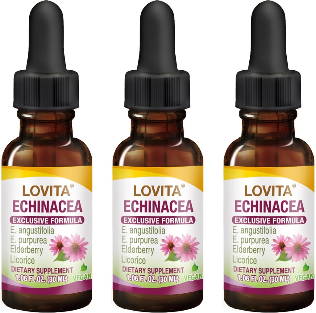 Lovita Echinacea Extract Vedelik | 1 FL OZ | 350 mg per Serving | Kontsentreeritud ürditinktuur | Vegan | Alkoholivaba | koos leedrimarja ja lagritsa ekstraktiga (3. pakk)