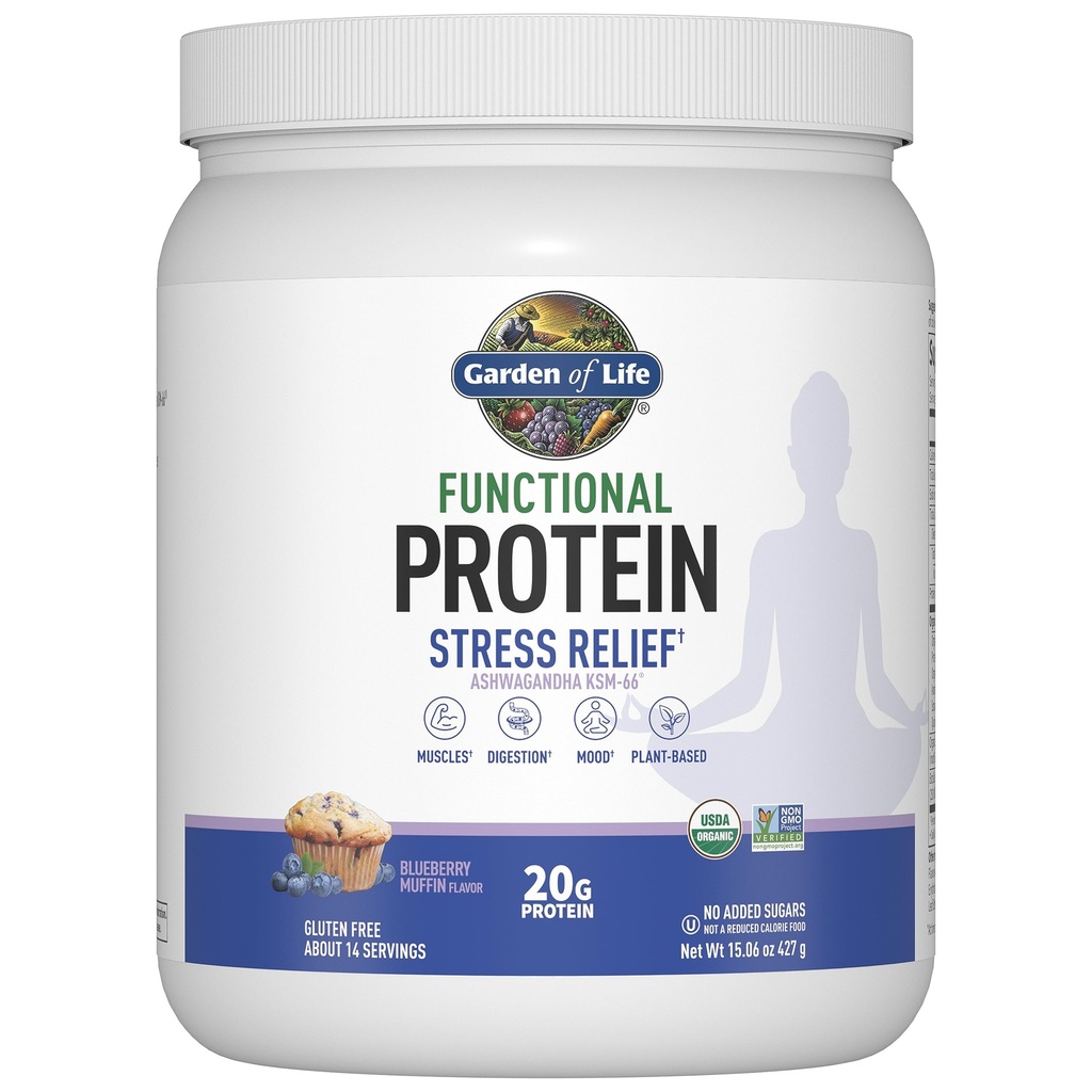 Garden of Life - Functional Protein Stress Relief - 20g Organic Sprouted & Fermented Protein Blend - Blueberry Muffin, Mood Blend for Stress Management, Ashwagandha KSM-66, Vegan - About 14 Servings