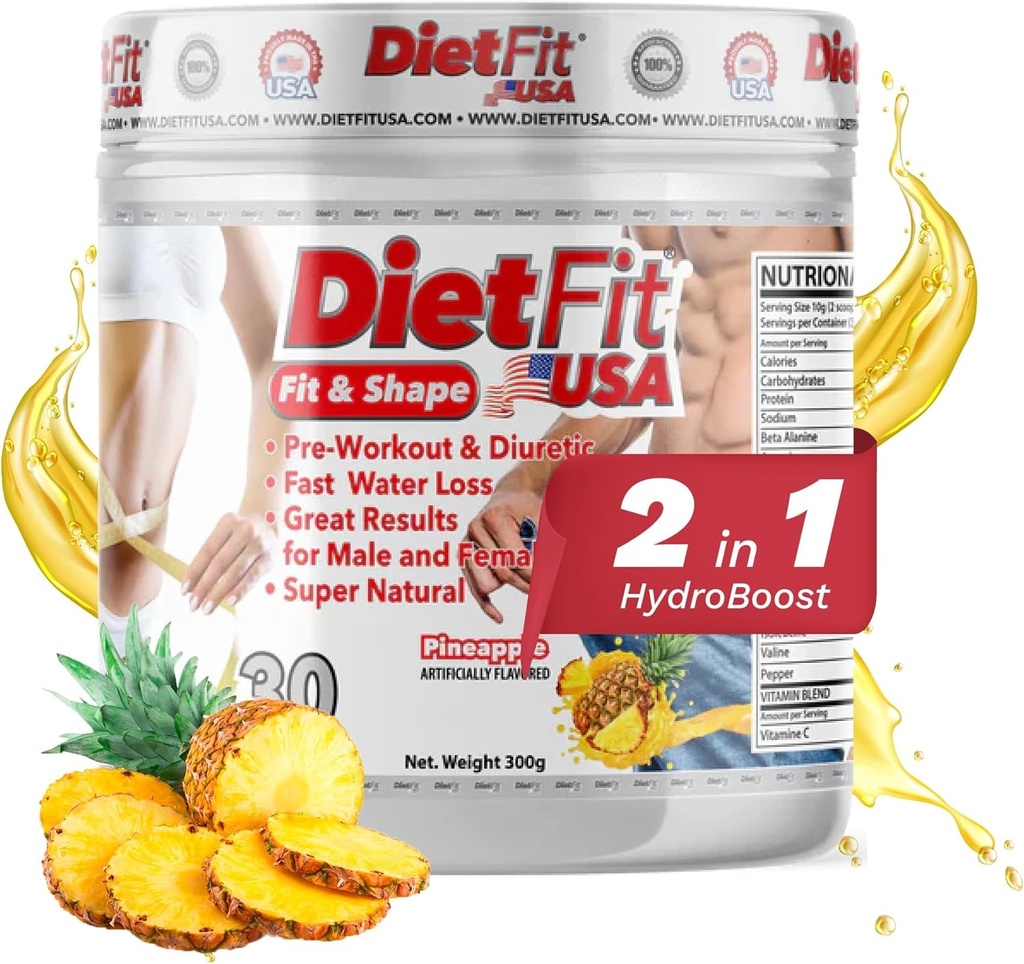 DIETFIT | Pre-Workout ja Diuretic 300 Grams | Hydroboost 2-in-1 | Pre-Workout & Diuretic | Intense Energy | Ananass Maitse | 30 Servings | Fitness Supplements