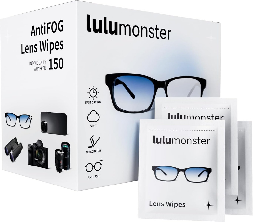 Anti Fog Läätsed pühkida prillid Lulumonster, [150 eelniisutatud individuaalselt pakitud pühkida] [mitte-kruvitud ja mitte-tõmbav] Puhastuspühkijad prillid, päikeseprillid, telefoni ekraaniläätsed, kaitseprillid