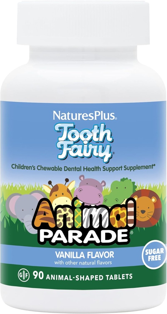 NaturesPlus Animal Parade Hambahaldjas Laste närimistooted - looduslik vanilje maitse - 90 loomakujulist tabletti, pakend 2 - Hambaravi tervise täiendus - taimetoitlane, gluteenivaba - 90 kokku