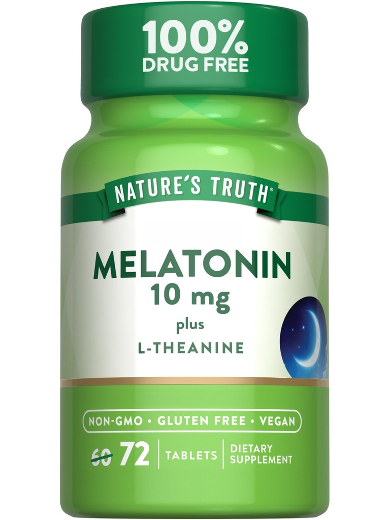 Looduse tõde Melatoniin 10 mg + L-Theanine | 72 tabletti | Maksimaalne tugevus | Vegan, mitte-GMO ja gluteenivaba toidulisand