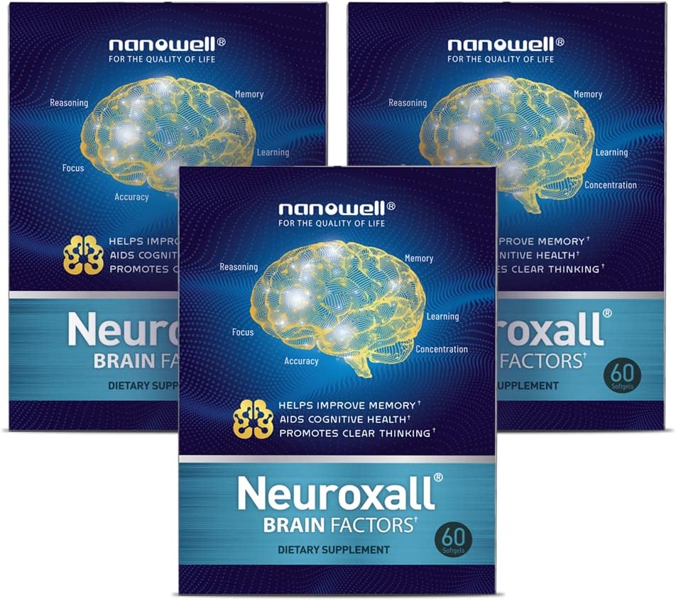 NANOWELL Neuroxall aju tervise täiendus tõhustatud kognitiivse funktsiooni ja vaimse selguse, astaksantiin, Ginkgo Biloba ekstrakt, antioksüdant - 60 Softgels X 3 kastid 3 kuud (180 Count)