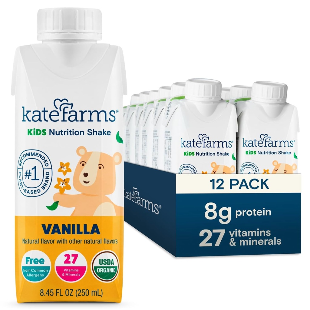 KATE FARMS Organic Kids Nutrition Shake, Vanilla, 8 g valku, 27 vitamiini ja mineraali, söögikorra asendusjook, valgu raputamine, gluteenivaba, mitte-GMO, 8.45 Fl oz (12. pakk)